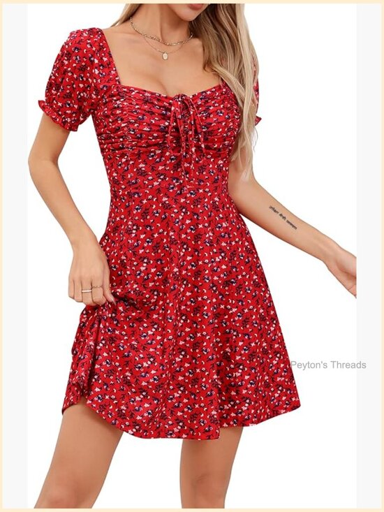 Dresses & Skirts - Puff Short Sleeve Fit and Flare Drawstring Floral Mini Sun Dress Summer